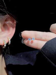 2pairs Fashionable Minimalist Copper With Cubic Zirconia Women's Delicate Small Earrings Set - Yellow Gold - View 5