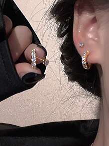 2pairs Fashionable Minimalist Copper With Cubic Zirconia Women's Delicate Small Earrings Set - Yellow Gold - View 3