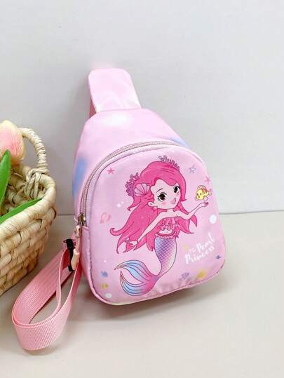 1pc Young Girl Nylon Cartoon Mermaid Mini Crossbody Chest Bag With Zipper Closure, Suitable For Daily Use