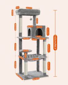 Luxury Cat Tree Large Cat Play Tower, Activity Center, Stable And Stable, Cat Tree With Hammock And Beautiful Cat House Gray 143cm - Grey - View 5