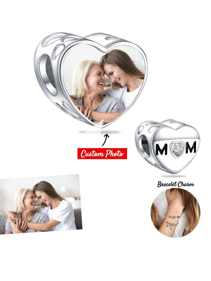 1件个性化照片手链吊坠，送给妈妈、爸爸的礼物，母亲节、父亲节照片项链吊坠，照片脚链吊坠，心形儿童脚印妈妈手印照片珠，镶嵌立方氧化锆，情人节送给妈妈、女儿、女友、妻子、闺蜜的礼物