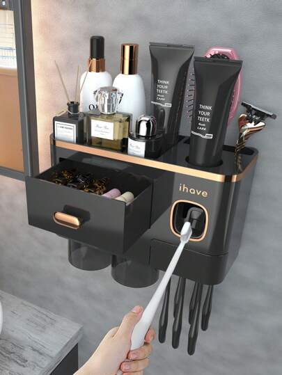 Bathroom Toothbrush Holder - Upgraded Wall-Mounted Toothbrush Holder With Toothpaste Dispenser - Dual Cup Design, Large Capacity Tray, Cosmetic Drawer - Bathroom Decor & Accessories, Autumn Decor, Back To School