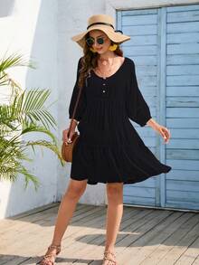 女士游泳衣套裝休閒寬鬆遮陽衣,夏季海灘服裝,流蘇邊緣設計 - 黑色 - 查看 5