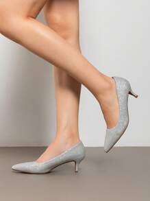 Women's Low Stiletto Heel Pointed Toe Court Pumps, Elegant Fashion Solid Color Shoes - 銀色 - 查看 4