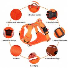 具有按摩設計的反光犬用胸帶,可調節柔軟的牛津寵物安全帶,內襯網狀布料,易於控制,適用於散步,旅行等,加1條犬繩(耐用的尼龍帶,直徑1.2cm,長1.5m),1個鈴鐺和1個發光吊飾,適用於小/中/大型犬 - 灰色 - 查看 3