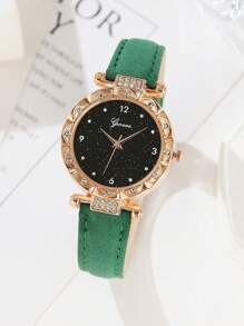 5pcs/Set Women's Green Pu Leather Strap Simple Quartz Watch With Rhinestone And Round Dial Pattern Design, Including Necklace, Ring, Earrings, Suitable For Daily Wear, Decoration, Festival Gift - Green - View 2