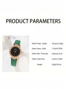 5pcs/Set Women's Green Pu Leather Strap Simple Quartz Watch With Rhinestone And Round Dial Pattern Design, Including Necklace, Ring, Earrings, Suitable For Daily Wear, Decoration, Festival Gift - Green - View 5