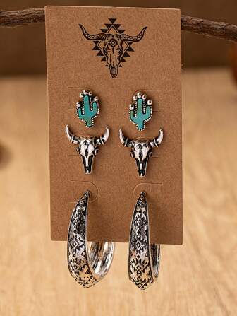 3對復古西部風格的綠松石耳針,適合女性