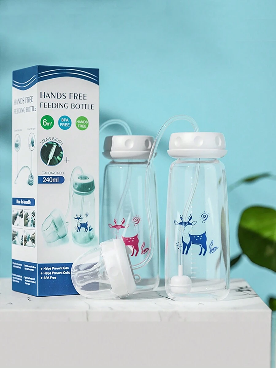 1pc 8oz/240ml Self-Feeding Normal-Neck Baby Bottle With Straw Brush,Hands-Free PP Feeding Bottle Set-Pink, Blue