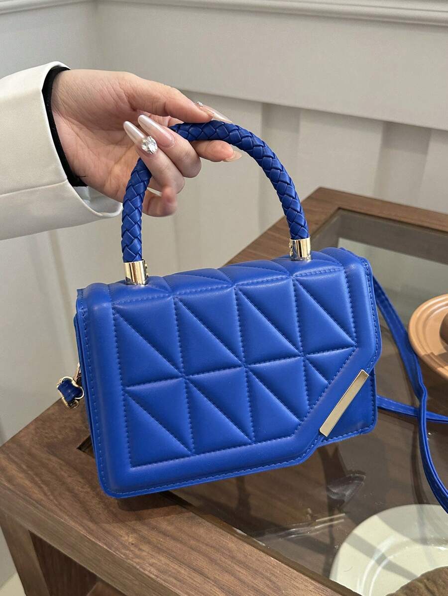 女士時尚休閒多用翻蓋手提包,適用於購物和約會,單色 - 藍色 - 查看 1