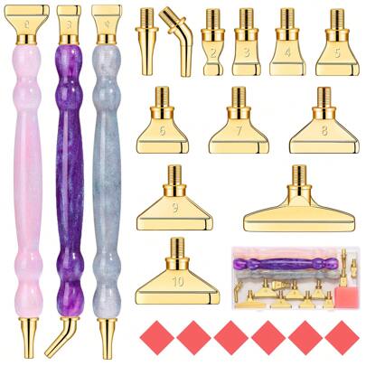 12pcs Gold/Silver/Colorful Rose Gold Diamond Drill Bits + 1/3pcs Shiny Gourd Pen Shape Plastic Pens + 6pcs Red Glue + 1pc Plastic Box Diamond Painting Tool Kit, Threaded