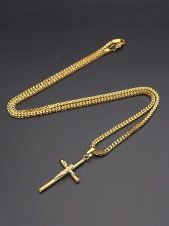 1件經典不銹鋼十字吊墜項鍊,60cm長方形鏈,適合男女日常佩戴