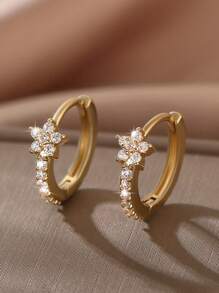 1pair Fashionable Copper & Rhinestone Inlaid Starfish & Small Flower Ear Studs/Hoop Earrings, Perfect For Dating Gifts Valentines - Round - View 1