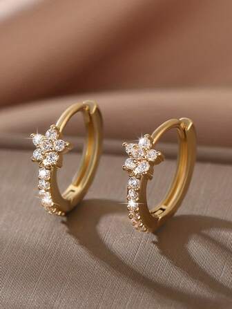 1 par Pendientes de aro o botón con diseño de estrella de mar y flor pequeña, incrustados con cobre y rhinestone, perfectos como regalo para citas o San Valentín