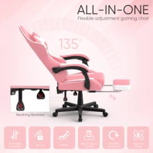 Silla ergonómica para juegos, Reposacabezas, Almohada lumbar, Altura regulable, Silla de oficina - Rosa - Ver 3