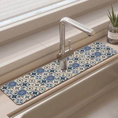 1pc Bohemian Style Anti-Slip Silicone Drain Mat For Faucet, Vintage Pattern, Suitable For Various Faucets In Bathroom And Kitchen