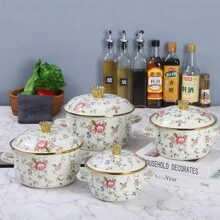 1 件重型双耳珐琅汤锅，奶黄玫瑰和雏菊图案汤锅，带盖和不粘涂层，大容量适用于燃气和电磁炉，多功能适用于家庭聚会、厨房和露营旅行，可在明火上加热海鲜煮沸 - 乳黃色 - 查看 1