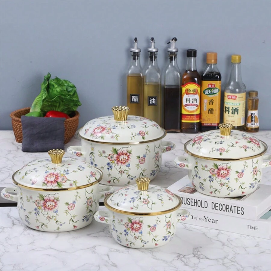 1 件重型双耳珐琅汤锅，奶黄玫瑰和雏菊图案汤锅，带盖和不粘涂层，大容量适用于燃气和电磁炉，多功能适用于家庭聚会、厨房和露营旅行，可在明火上加热海鲜煮沸 - 乳黃色 - 查看 1
