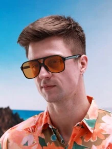 1 pieza Gafas de moda estilo piloto retro de los años 80/90, gafas de moda con doble puente clásico, adecuadas para hombres y mujeres, para vacaciones de verano y uso diario, con marco negro y naranja, bisagras de plástico y metal duraderas, en caja de regalo, regalo para el Día del Padre y San Valentín, para parejas - Negro - Ver 6