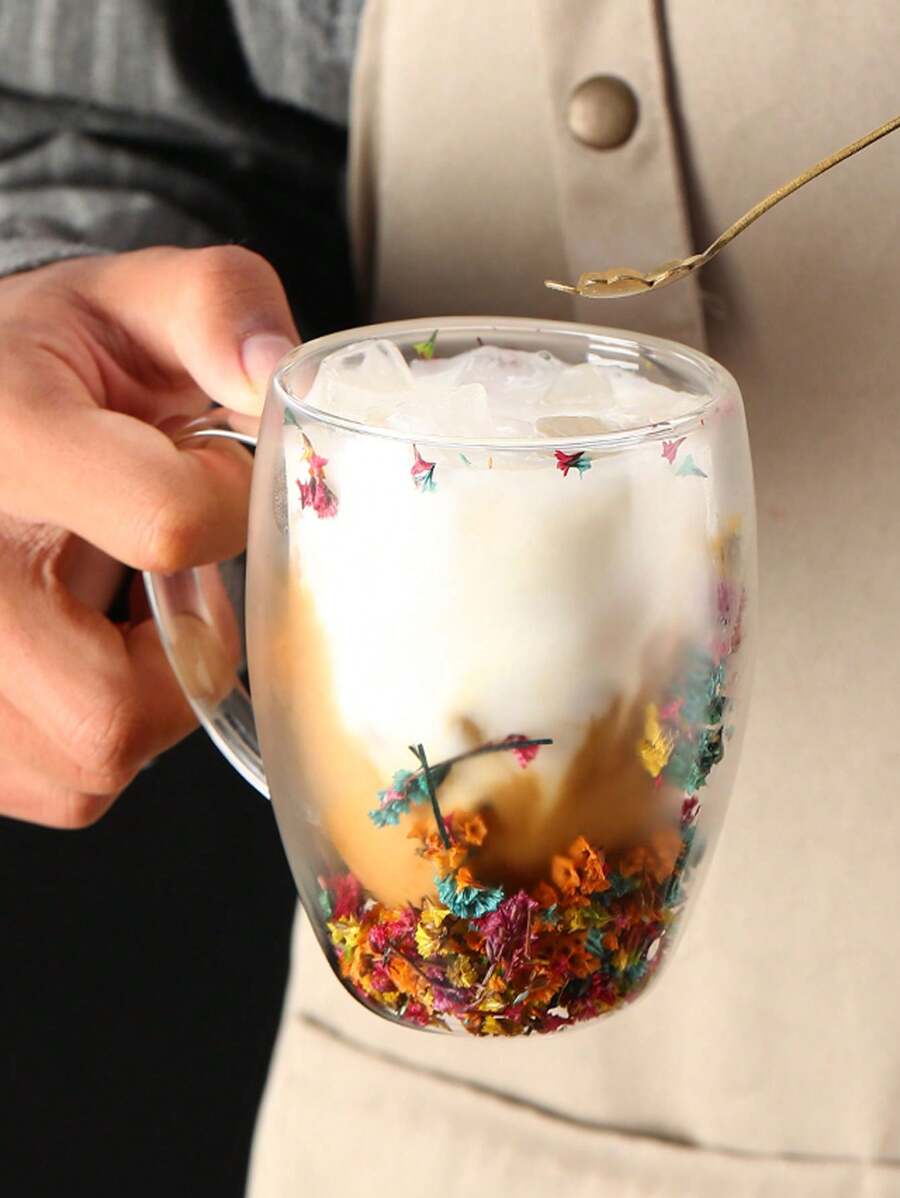 1 chiếc cốc thủy tinh hai lớp Ins có hoa thật, cốc cà phê sáng tạo có quai cầm cực kỳ hấp dẫn dùng trong gia đình và làm quà tặng - Nhiều màu - Xem 1