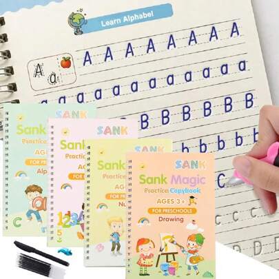 Set de 4 cuadernos de práctica de caligrafía reutilizables, libros de ejercicios de aprendizaje de números, letras y caligrafía para niños, que incluye 4 libros + 1 bolígrafo + 5 recargas + 1 agarre de bolígrafo. Material escolar, útiles escolares, libros de fantasía, juguetes de aprendizaje para niños, cuadernos de trabajo para niños, juguetes para niños, TDAH, juguetes Montessori, práctica de escritura a mano