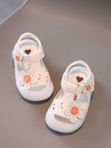 1 Pair Girls Flower Tower Design Classic Sweet Princess Style Children Sandals, PU Hook And Loop Flat Non-Slip Lovely Infant Sandals, Suitable For Spring, Summer, Autumn, Winter