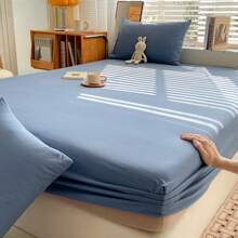 1pc New Cloud Design Solid Color Fitted Sheet, Soft Macaroon Color, 30cm/11.8in Fitted Sheet Drop, Fresh Bedding, 9 Size Options - Sapphire Blue - View 8