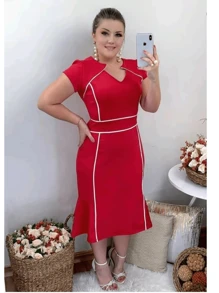 Vestido Feminino Plus Size Midi Evangelico Festa Social Top Vermelho