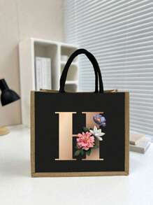 Casual Tote Bags For Women, Large Capacity Shopping Bag, Linen Beach Tote Bag, Gold 26 Letter Print Commuter Tote Bag, Jute Tote Bag Women's Shopping Bag, Gold Lettering And Flowers, Large Capacity Reusable Shopping Bag, Summer Essentials, Perfect For Vacation & Holiday, School Bag, Portable, Large Capacity, For Teen Girls Women College Students, Perfect For Office, College, Middle School ,Vacation Essentials - Black - View 12