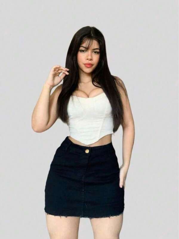 Saia Jeans Preta Destroyed Feminina Cintura Alta Com Elastano Premium