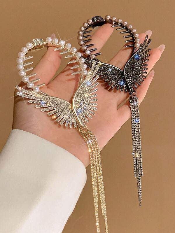1 pièce Clip cheveux à franges, accessoires cheveux Série Aile d'Ange & nœud, Alliage incrusté de perles et de strass, disponible dans différents styles, Blanc minimaliste & vibrant, Noir à la mode & élégant, Clips cheveux chignon pour femmes, cadeau idéal pour la Saint-Valentin, la Fête des Mères, Thanksgiving, Noël, Nouvel An
