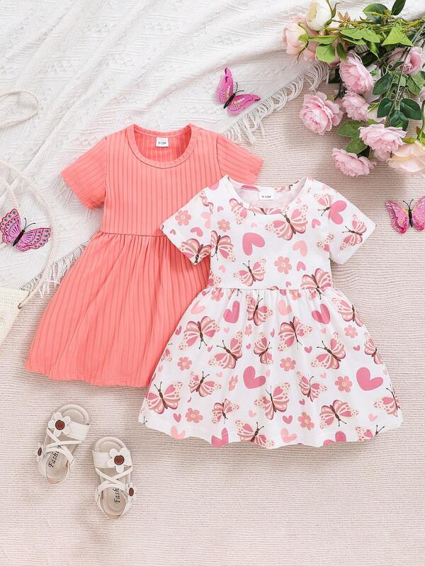 2 Piezas/vestidos Para Bebé Niña Con Diseño De Mariposa, Corazón Y Flor unicolor Para Primavera