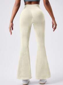 1pc Women Ribbed Ruched Butt Lifting Flared Yoga Pants, High Waist V-Cut Gym Leggings - Beige - View 9
