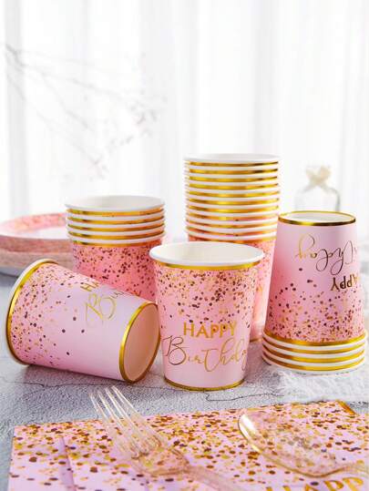 10/24pcs Happy Birthday Paper Cups 9oz, Light Pink Gold Foil Disposable Happy Birthday Cups, Party Cups Elegant Metallic Foil Perfect For Birthday Parties, Dinners, Celebration Party Supplies Decorative Party Cups