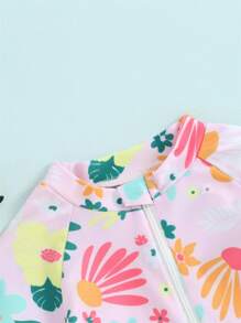 Barboteuse Maillot de bain Fille, Anti-UV avec Fermeture Éclair à Manches Courtes et Imprimé Floral