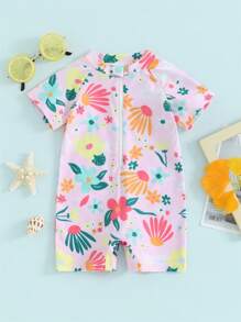 Barboteuse Maillot de bain Fille, Anti-UV avec Fermeture Éclair à Manches Courtes et Imprimé Floral