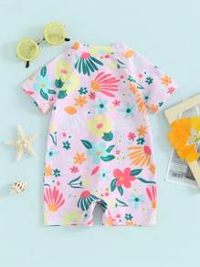 Barboteuse Maillot de bain Fille, Anti-UV avec Fermeture Éclair à Manches Courtes et Imprimé Floral