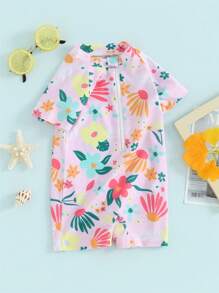 Barboteuse Maillot de bain Fille, Anti-UV avec Fermeture Éclair à Manches Courtes et Imprimé Floral