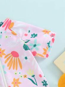 Barboteuse Maillot de bain Fille, Anti-UV avec Fermeture Éclair à Manches Courtes et Imprimé Floral