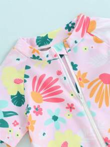 Barboteuse Maillot de bain Fille, Anti-UV avec Fermeture Éclair à Manches Courtes et Imprimé Floral