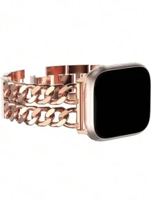 1 Fashion Women Rose Gold Versatile Premium Breathable ComFort Metal Zinc Alloy Denim Double Row Chain Apple Smart Watch Band Apple Watch Strap For 38/40/41/42/44/45/49mm Compatible With Apple Watch Ultra/SE/8/7/6/5/4/3/2/1