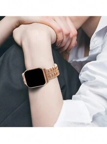 1 Fashion Women Rose Gold Versatile Premium Breathable ComFort Metal Zinc Alloy Denim Double Row Chain Apple Smart Watch Band Apple Watch Strap For 38/40/41/42/44/45/49mm Compatible With Apple Watch Ultra/SE/8/7/6/5/4/3/2/1