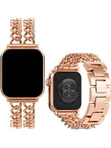 1 Fashion Women Rose Gold Versatile Premium Breathable ComFort Metal Zinc Alloy Denim Double Row Chain Apple Smart Watch Band Apple Watch Strap For 38/40/41/42/44/45/49mm Compatible With Apple Watch Ultra/SE/8/7/6/5/4/3/2/1