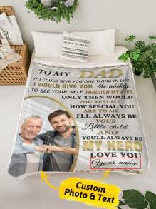 1pc Custom Photo And Text To My Dad Fathers Day Blanket, My Hero Love You Blanket, 5 Sizes For You, For Father Birthday Gifts From Son Daughter, Personalized Gift For Father From Children, Ideal For Birthdays, Father's Day