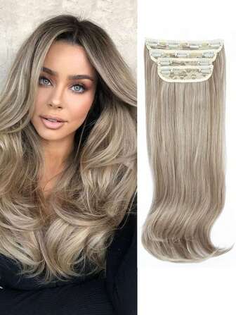 Clip In Hair Extensions 4pcs Platinum Blonde To Ash Blonde Hair Extension Synthetic Long Straight Thick Full Head Wavy Hair Pieces For Women 20inch