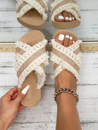 Kate Miuch Women's Casual Chic Stylish Bohemian Style Sexy Elegant Confident Vibe Tassel Beige/White Flat Sandals, Suitable For Beach, Resort, Versatile, Lightweight, Breathable Open Toe, Soft Comfortable Durable, Cute Sweet Youthful Shallow Khaki Round Toe Elastic EVA Criss-Cross Sandals