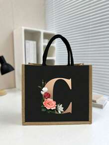 Casual Tote Bags For Women, Large Capacity Shopping Bag, Linen Beach Tote Bag, Gold 26 Letter Print Commuter Tote Bag, Jute Tote Bag Women's Shopping Bag, Gold Lettering And Flowers, Large Capacity Reusable Shopping Bag, Summer Essentials, Perfect For Vacation & Holiday, School Bag, Portable, Large Capacity, For Teen Girls Women College Students, Perfect For Office, College, Middle School ,Vacation Essentials - Black - View 28