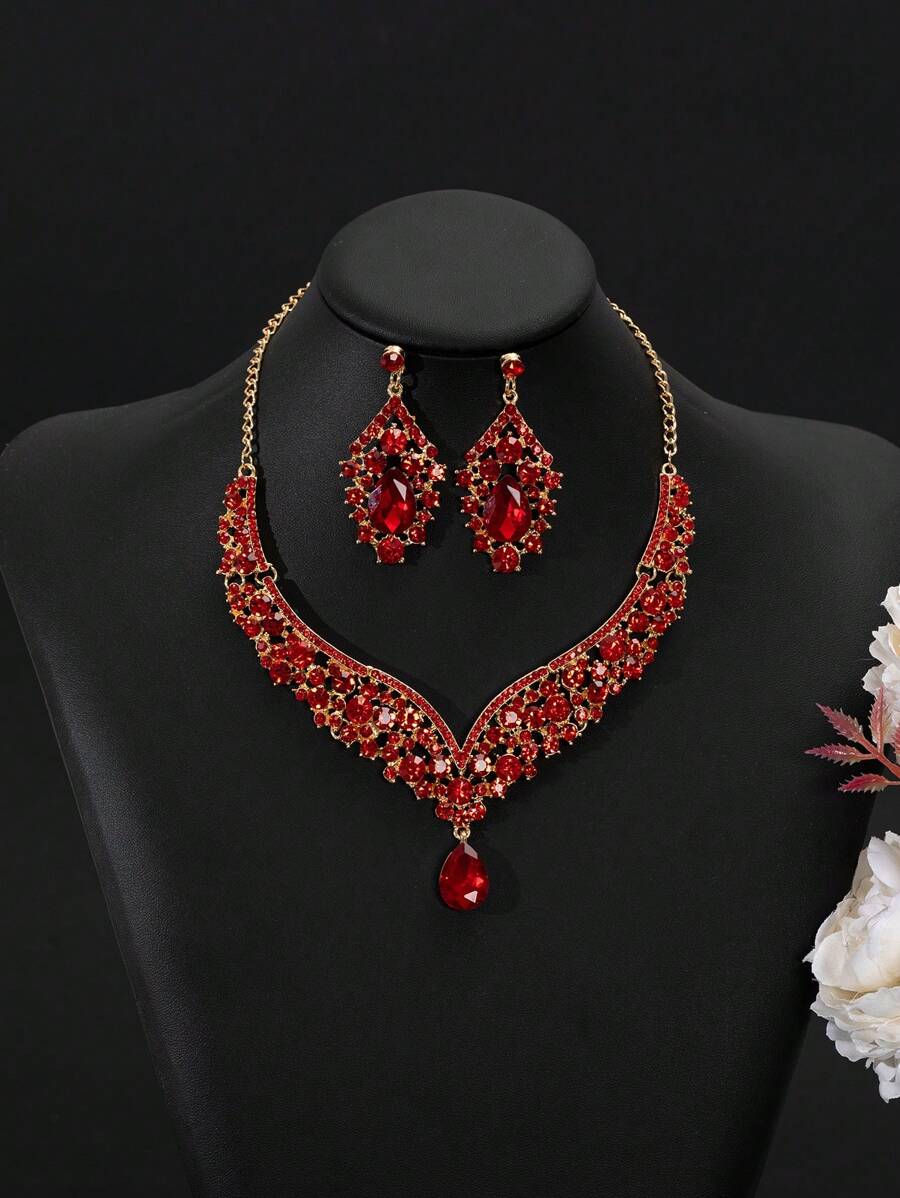 2pcs Vintage Exaggerated Necklace And Earring Set, Crystal Gemstone Short Choker Necklace For Women, Fashion Accessories, Red Color, Suitable For Halloween And Christmas Gifts - Red - View 1