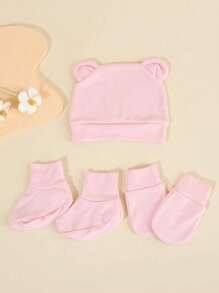 1Set Newborn Baby Hospital Hats Beanie With Cute Ear Infant Caps Baby Boys Girls No Scratch Mittens Set For 0-6 Months