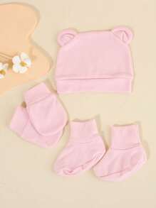 1Set Newborn Baby Hospital Hats Beanie With Cute Ear Infant Caps Baby Boys Girls No Scratch Mittens Set For 0-6 Months